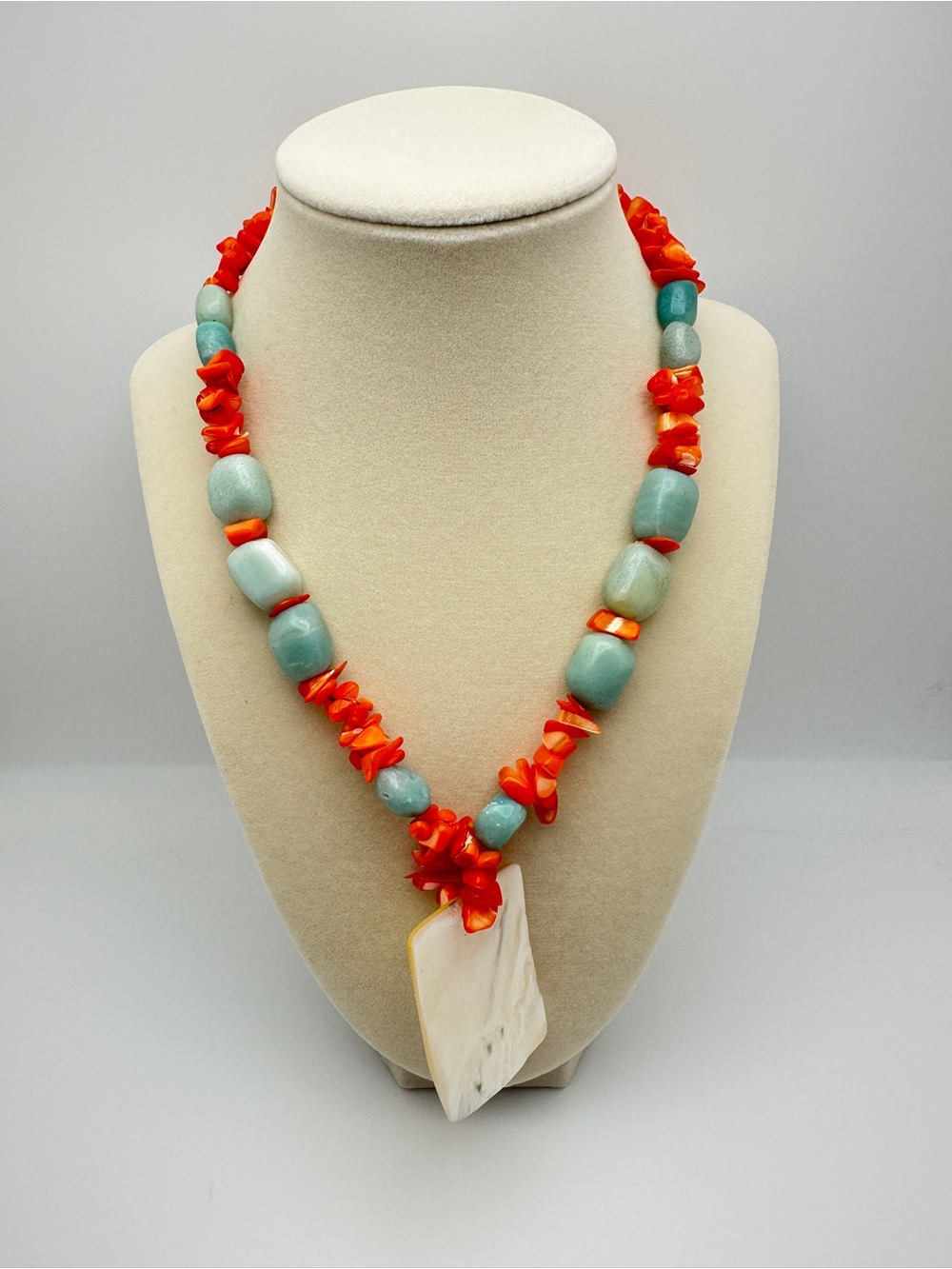 Aqua & Coral Beaded Statement Necklace with Shell Pendant